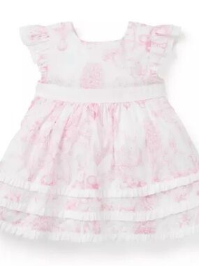 Baby Girls White and Pink Bunny Toile Sun Hat and Floral Ruffle Dress together